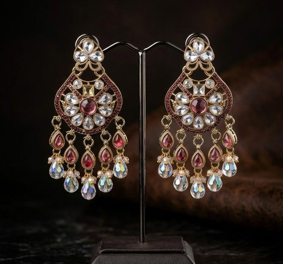 Anti Tarnish Gold Polish Mehroon Ruby and Kundan Earrings