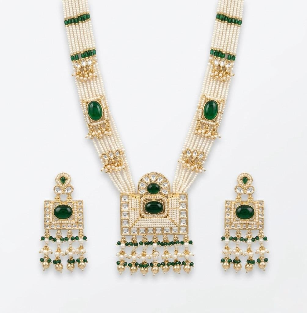 Pearl Long Set Emerald Green Color Neck Jewellery Set