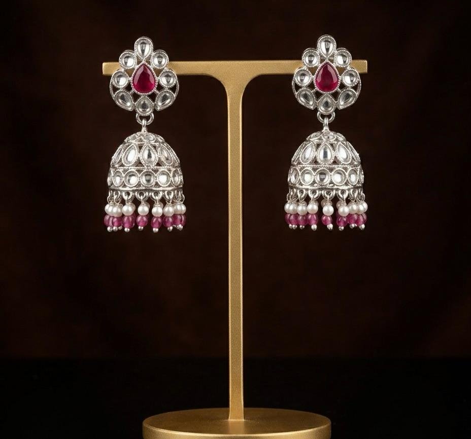 Silver Polish Ruby Pink Kundan Earrings – Regal Ethnic Elegance