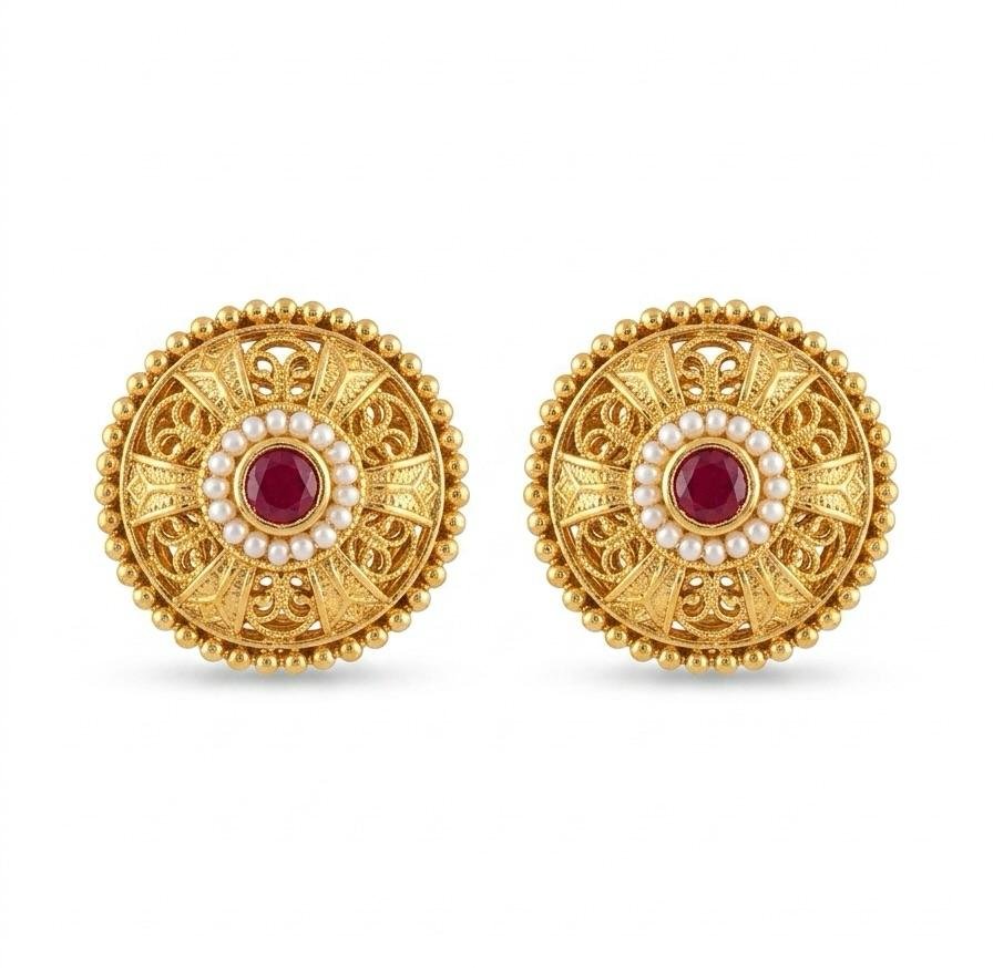 Anti-Tarnish Gold Polish Round Vintage Ruby Pink Stone & Pearl Work Earrings