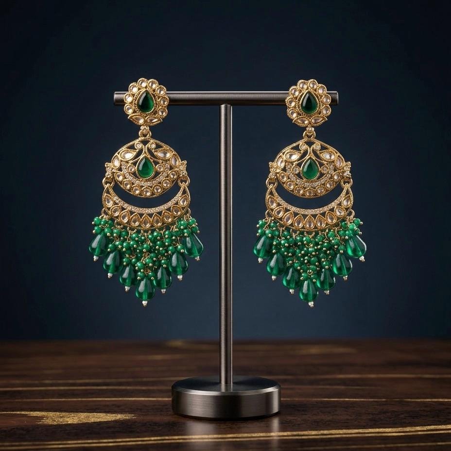 Anti-Tarnish Gold Polish Emerald Green & Kundan Earrings