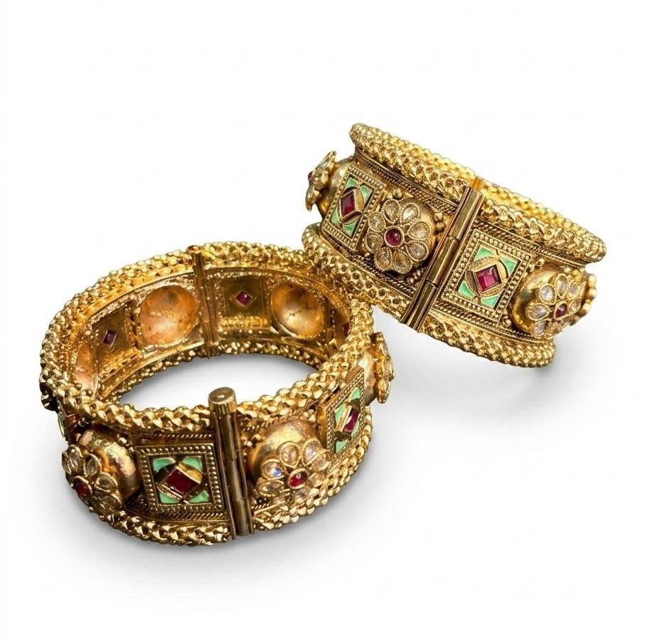 Anti-Tarnish Gold Polish Meenakari Work Rich Green and Ruby Stone Bangles