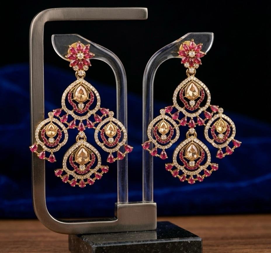 Anti-Tarnish Pink & Golden Stone Heavy Floral Drop Earrings