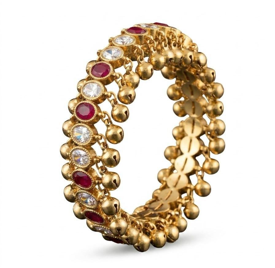 Anti-Tarnish Gold Polish Ruby & White Stone Ghungroo Bracelet