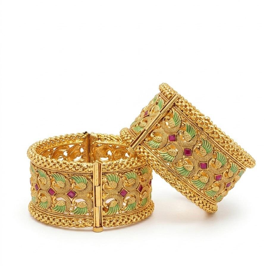 Anti-Tarnish Gold Polish Peacock Light Green Meenakari Work Ruby Pink Stone Bangles