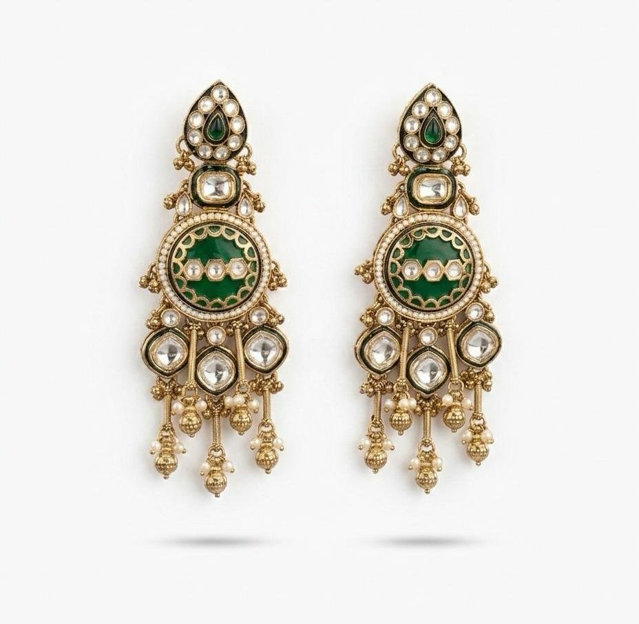 Anti-Tarnish Gold Polish Emerald Green Kundan Long Earrings