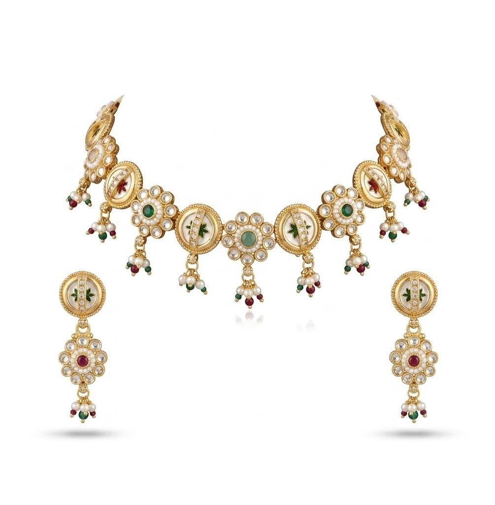 Temple Meenakari Work Gold Polish Neck Jewellery Set