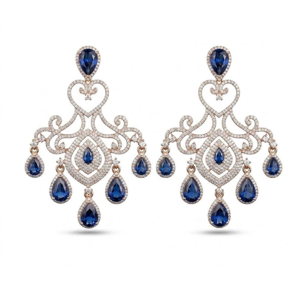 Anti Tarnish Gold Polish Royal Blue Stone Earrings – Elegant Statement Jewellery