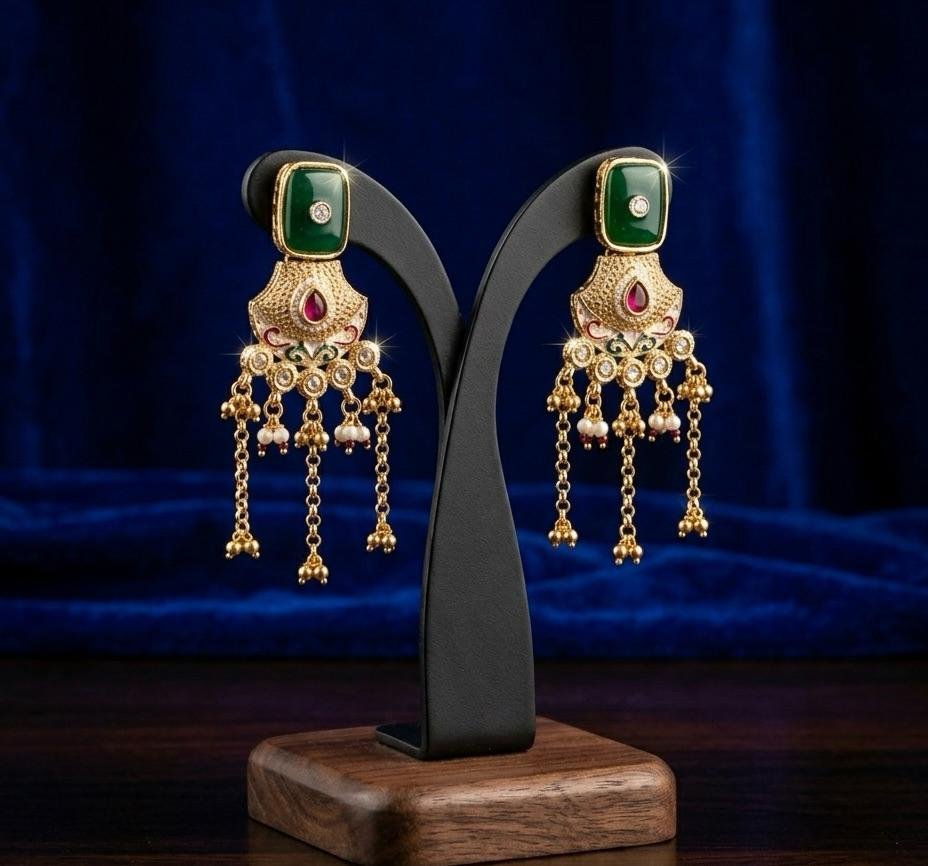 Anti Tarnish Gold Polish Emerald Green Square Stud Earrings with Meenakari Detailing