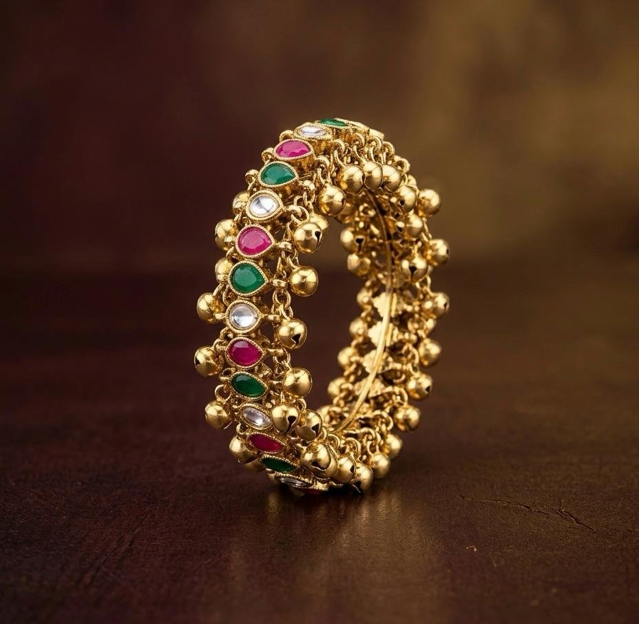 Anti-Tarnish Gold Polish Ruby, Emerald & White Kundan Bracelet