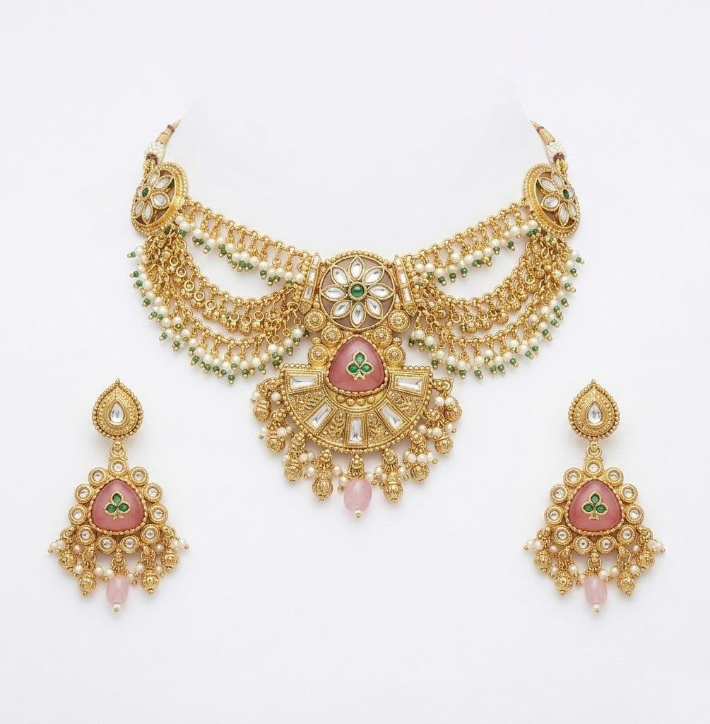 Bridal Jewellery Pink Color Golden Polish Neck Jewellery Set