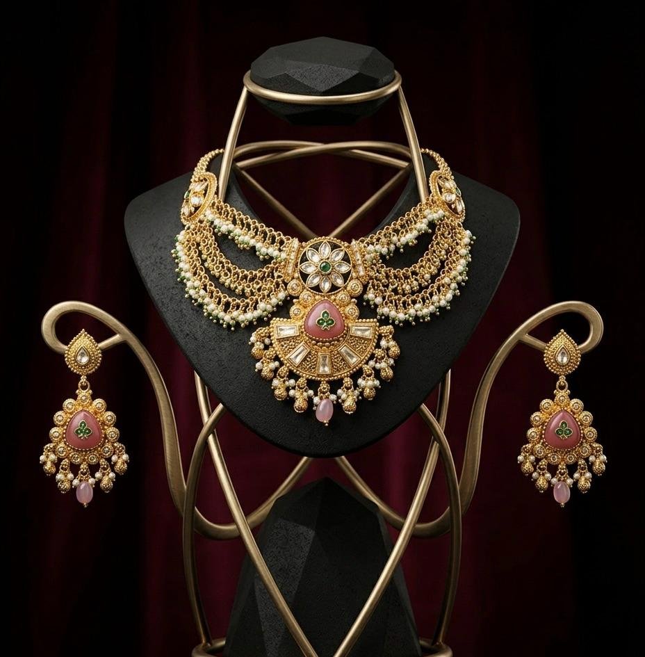 Bridal Jewellery Pink Color Golden Polish Neck Jewellery Set