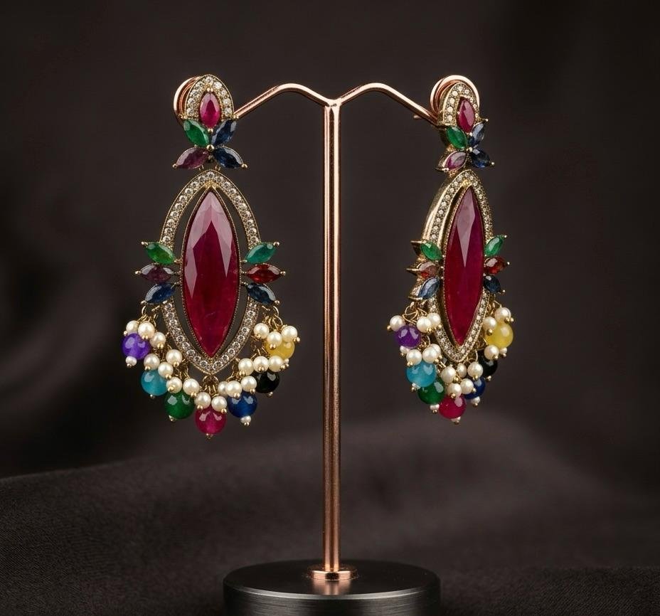 Anti Tarnish Gold Polish Multicolor Navratna Style Earrings