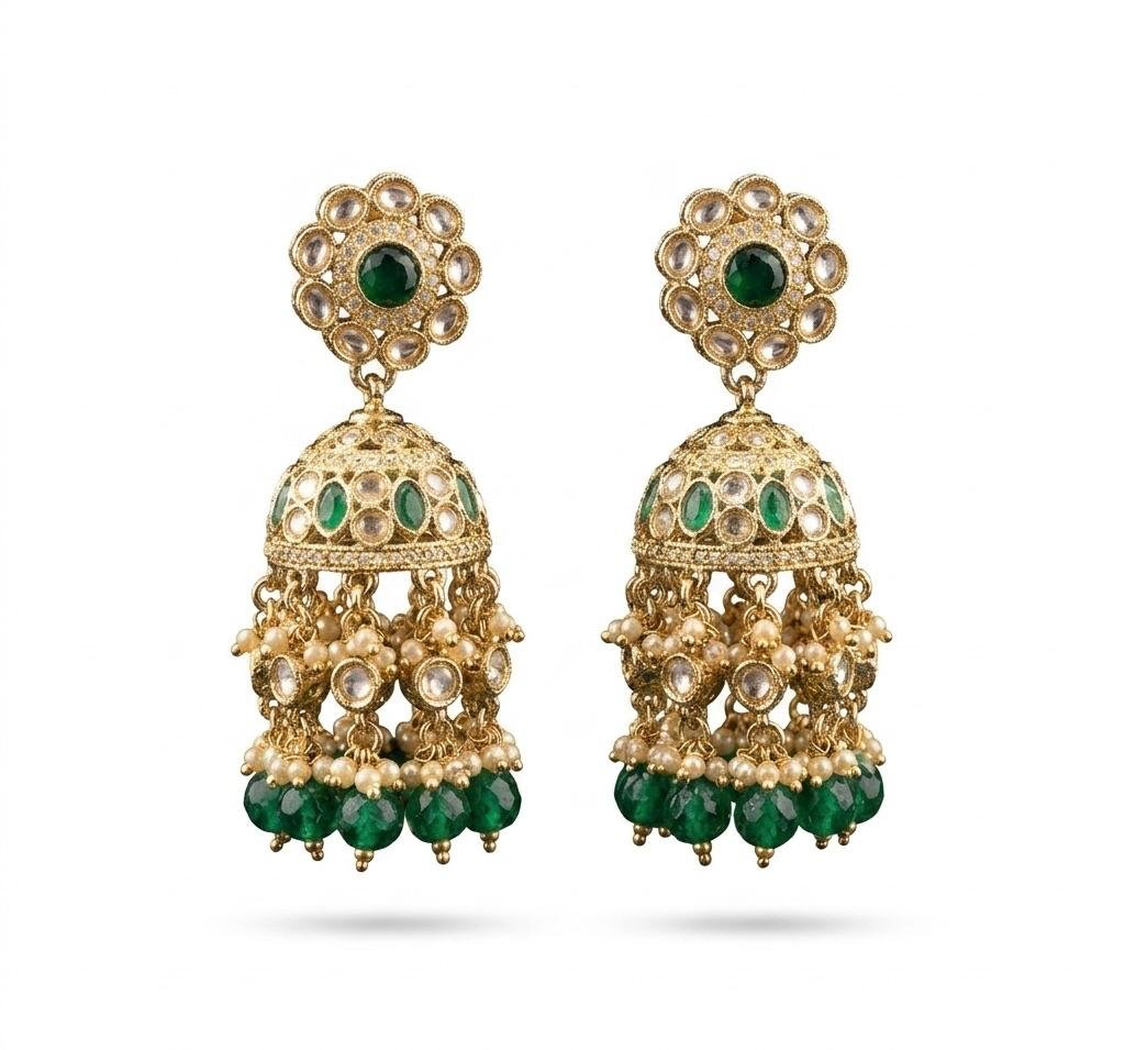 Anti-Tarnish Gold Polish Emerald Green Kundan Floral Jhumka Earrings