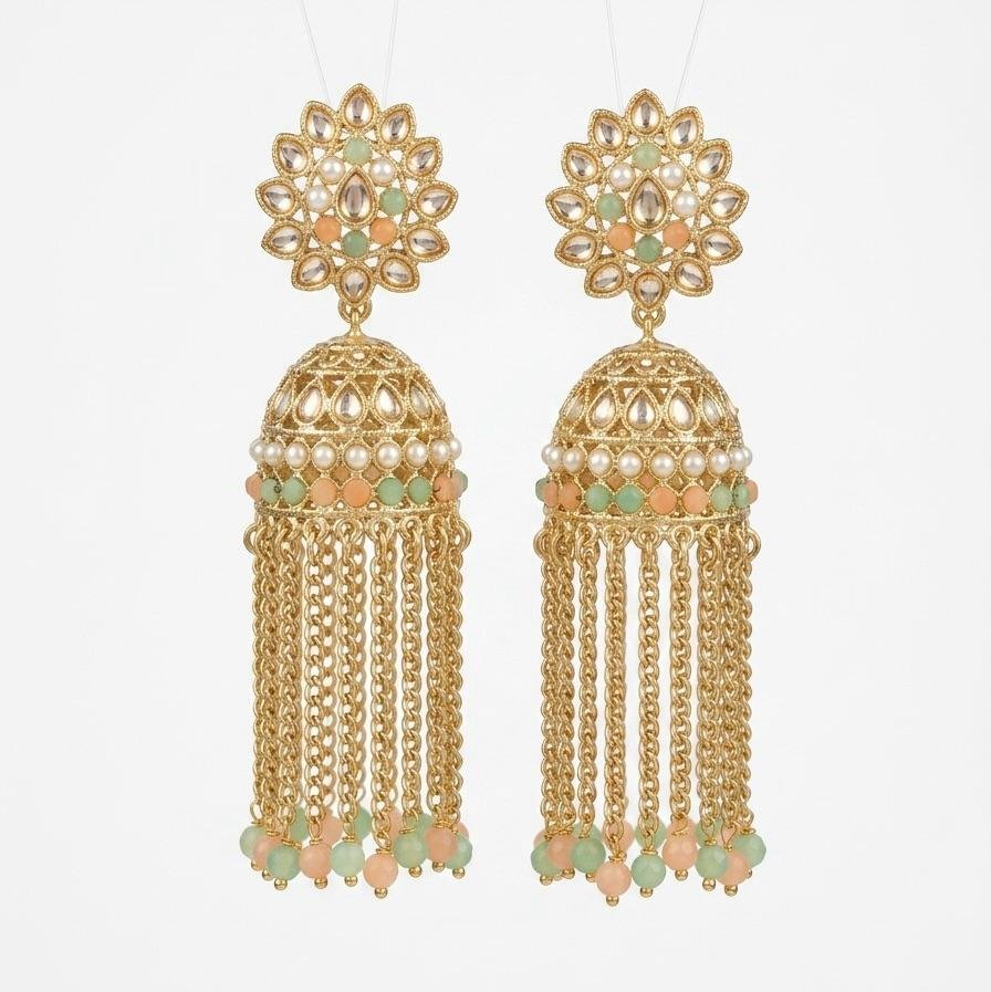 Anti-Tarnish Gold Polish Pastel Peach & Mint Green Kundan Jhumki Earrings