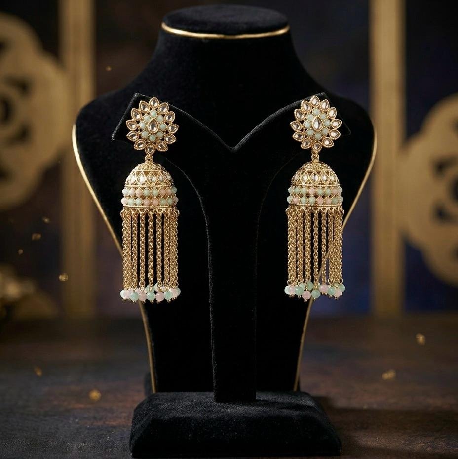 Anti-Tarnish Gold Polish Pastel Peach & Mint Green Kundan Jhumki Earrings