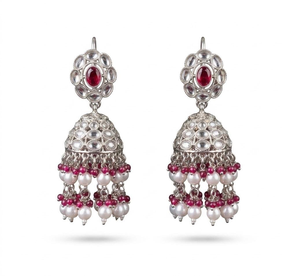 Silver Polish Mehroom & Kundan Stone Double Layer Pearl Droplet Jhumka