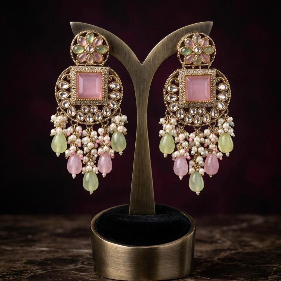Anti-Tarnish Gold Polish Pastel Pink & Mint Green Kundan Earrings
