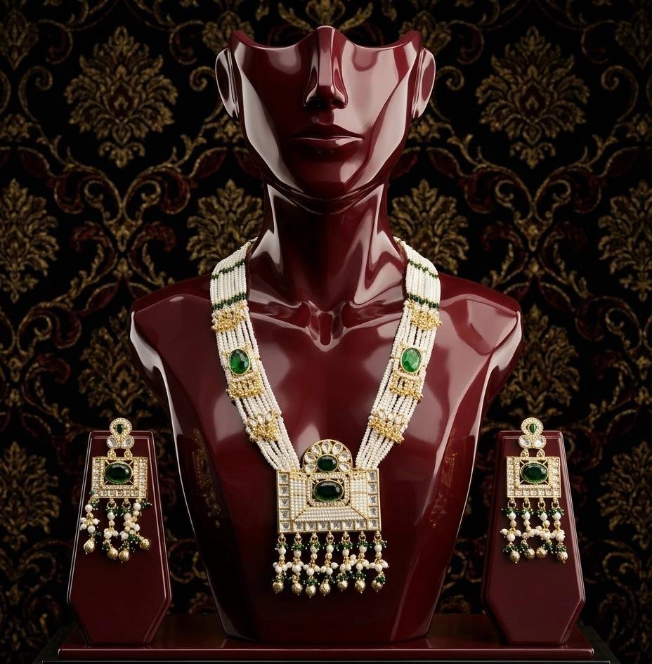 Pearl Long Set Emerald Green Color Neck Jewellery Set