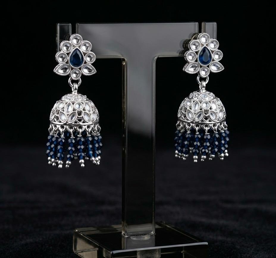 Silver Polish Navy Blue Kundan Earrings – Elegant Traditional Charm