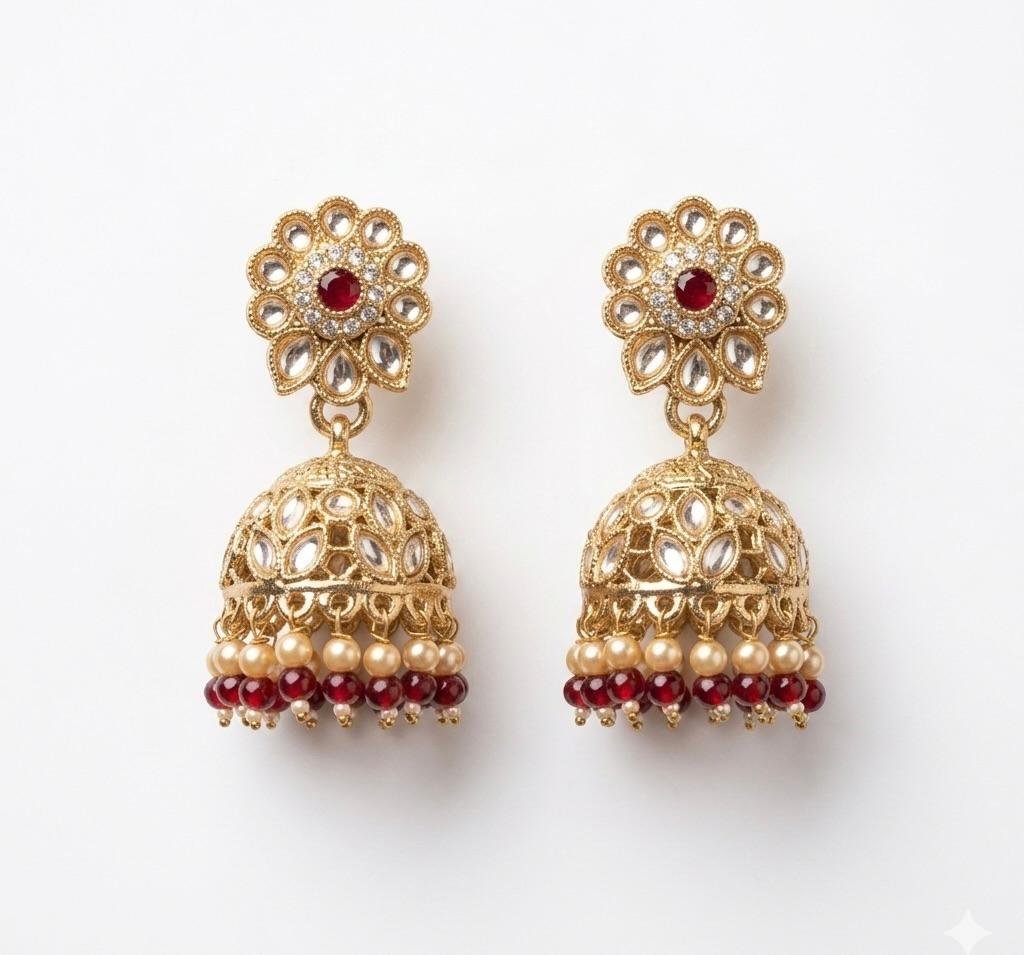 Gold Polish Mehroom Ruby & Kundan Work Elegant Earrings