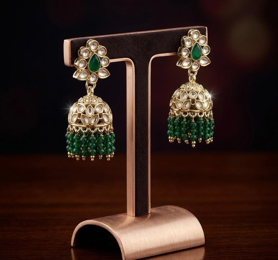 Anti-Tarnish Gold Polish Emerald Green & Kundan Elegant Earrings