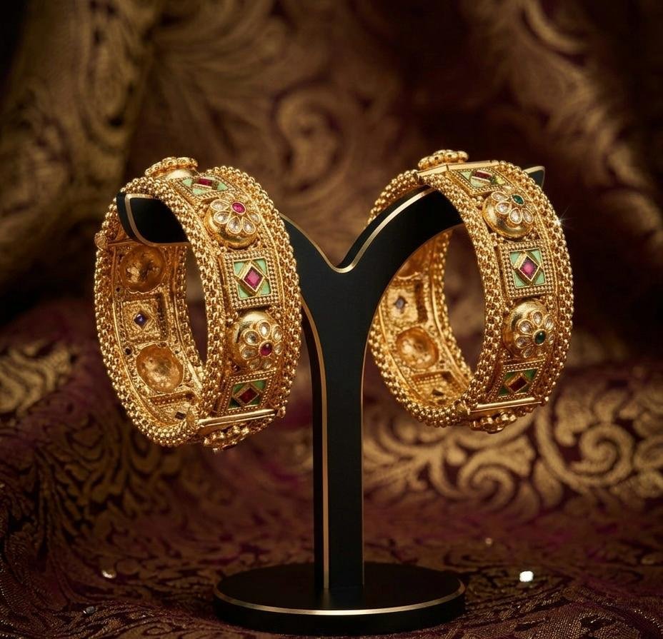 Anti-Tarnish Gold Polish Meenakari Work Rich Green and Ruby Stone Bangles