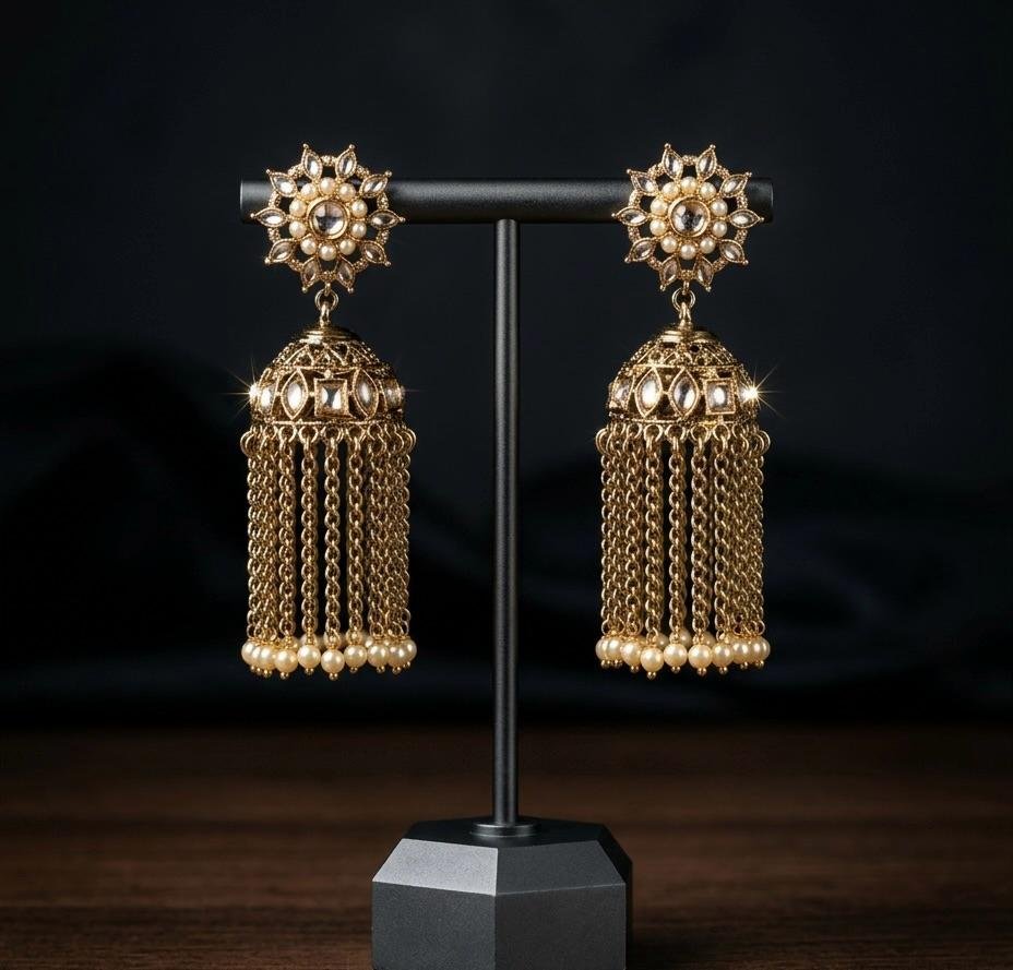 Anti-Tarnish Gold Polish White Kundan Jhumki Earrings