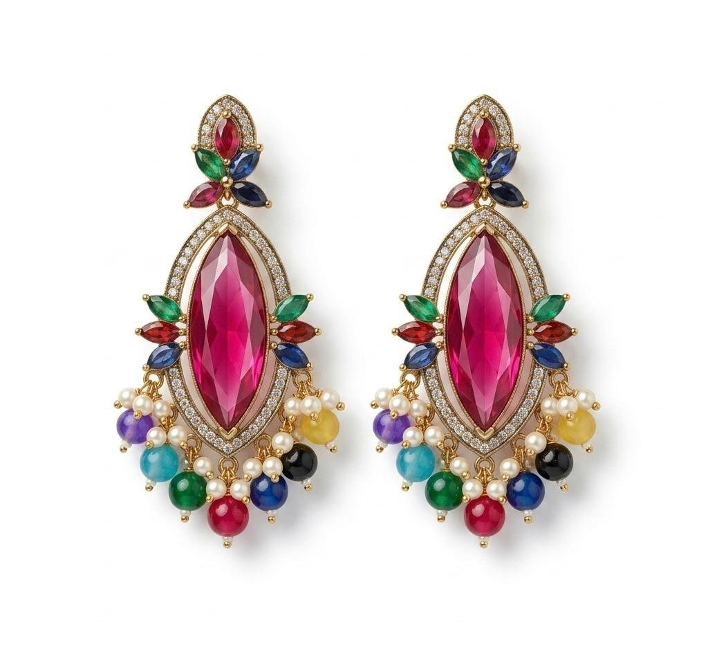 Anti Tarnish Gold Polish Multicolor Navratna Style Earrings