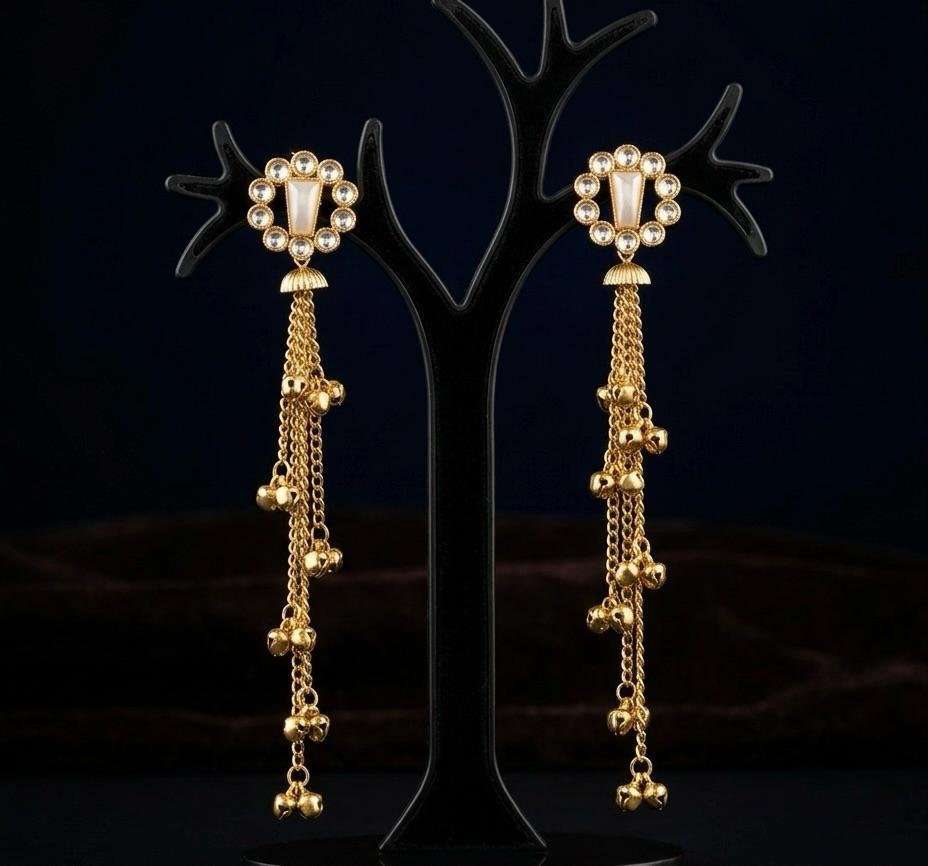 Anti-Tarnish Gold Polish Kashmiri Floral Kundan Earrings with White Shell Stone