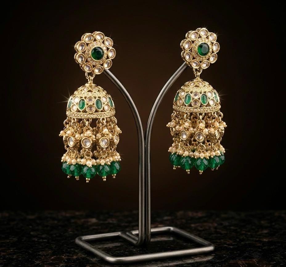 Anti-Tarnish Gold Polish Emerald Green Kundan Floral Jhumka Earrings