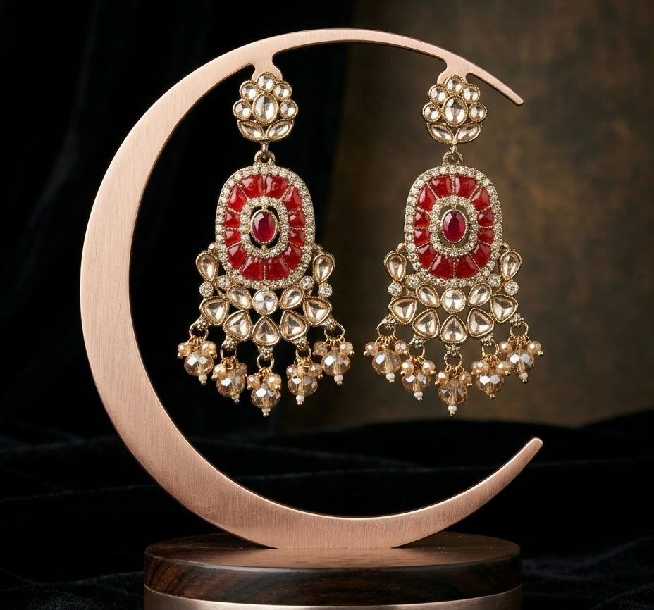 Anti-Tarnish Gold Polish Mehroom & Kundan Stone Elegant Earrings