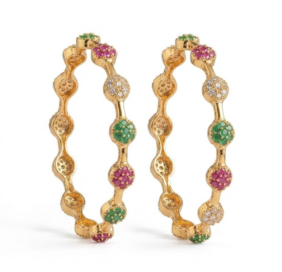 Anti-Tarnish Gold Polish Multi-Color Cluster Ruby Pink & Emerald Green Stone Bangles