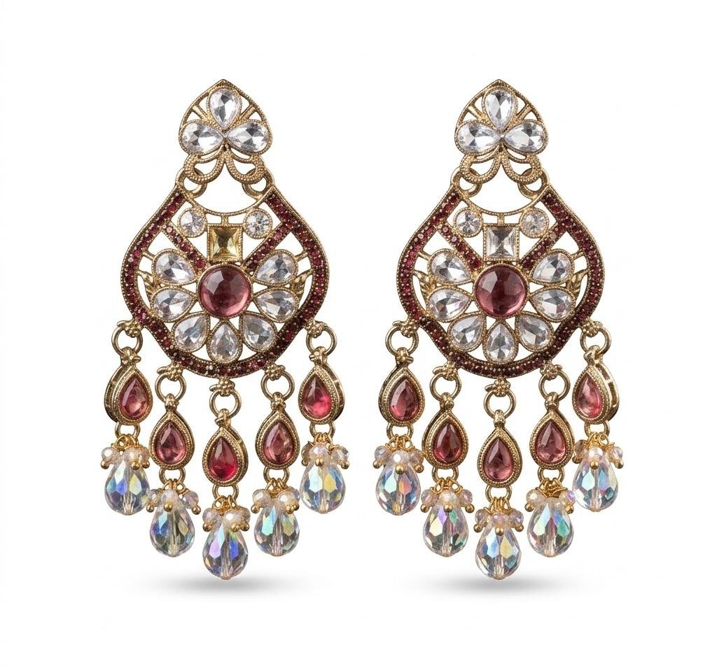 Anti Tarnish Gold Polish Mehroon Ruby and Kundan Earrings