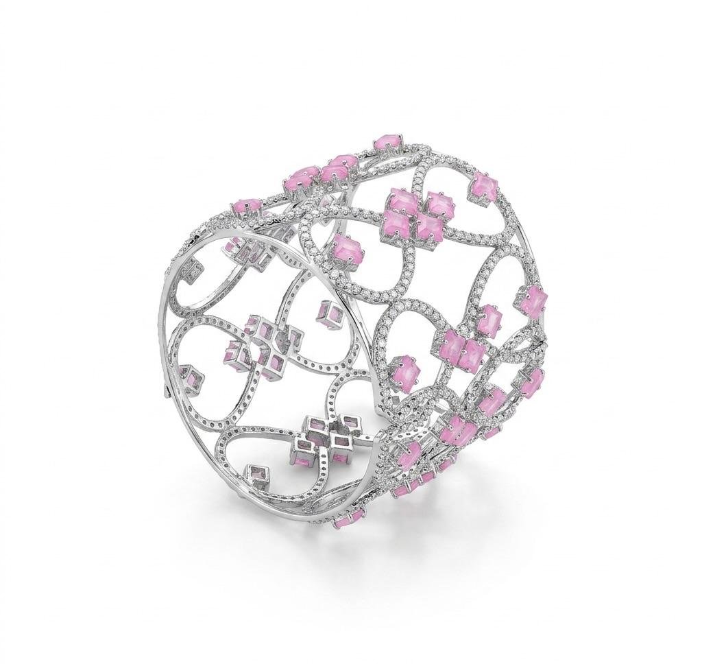 Zeyra Rose Pink & Silver American Diamond Statement Cuff