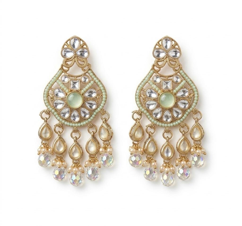 Anti Tarnish Gold Polish Mint Green Kundan Earrings – Elegant Ethnic Jewellery