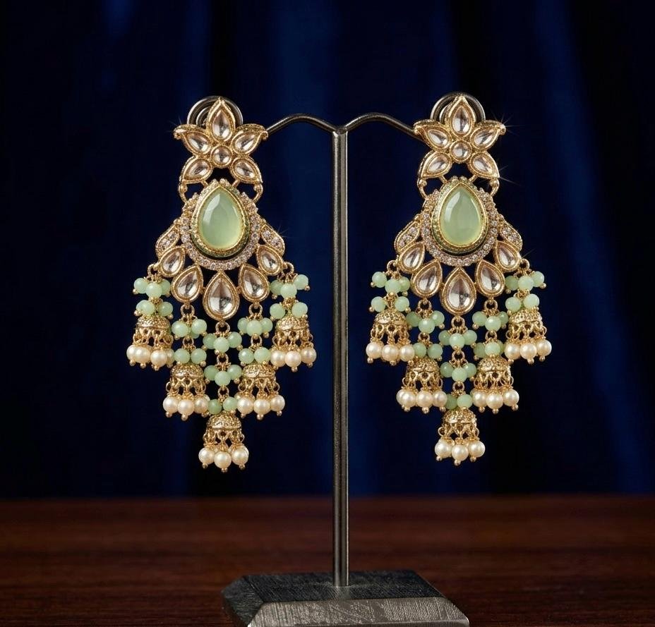 Anti-Tarnish Gold Polish Mint Green & Kundan Earrings