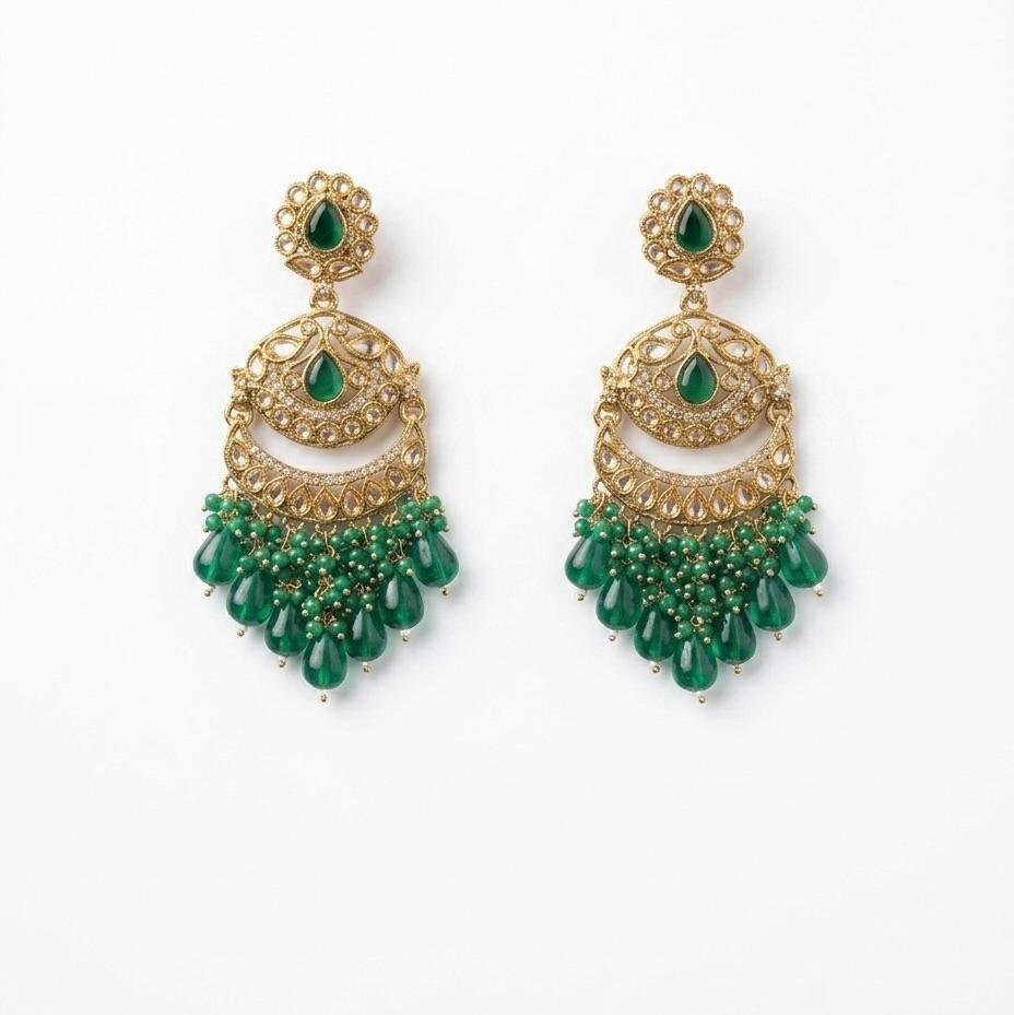 Anti-Tarnish Gold Polish Emerald Green & Kundan Earrings