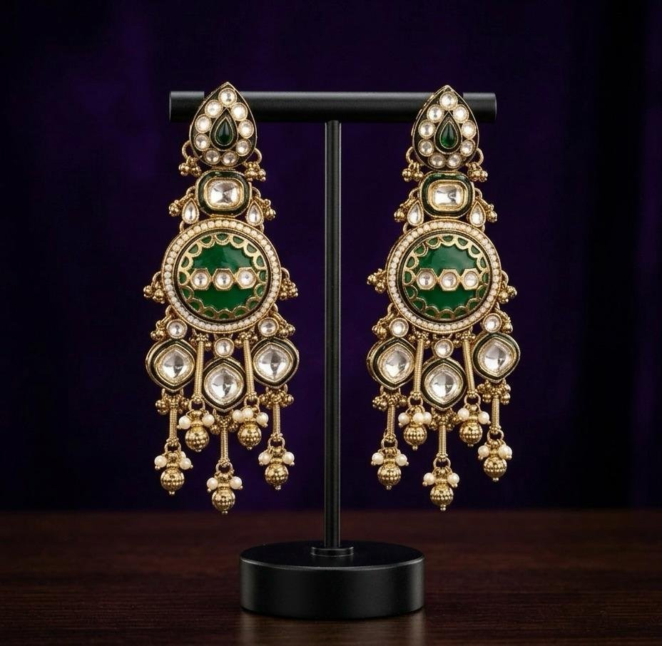 Anti-Tarnish Gold Polish Emerald Green Kundan Long Earrings