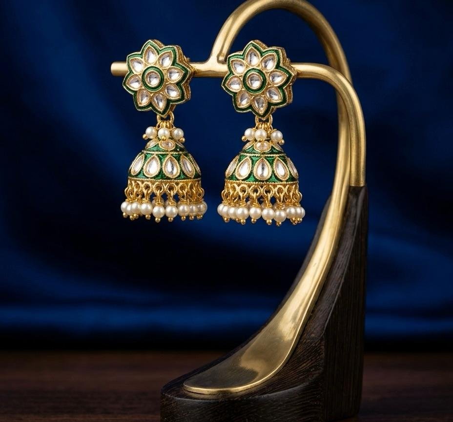 Gold Polish Green Meenakari & Kundan Elegant Earrings