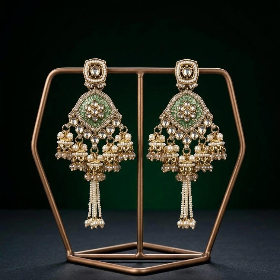 Anti-Tarnish Gold Polish Mint Green Kundan Earrings