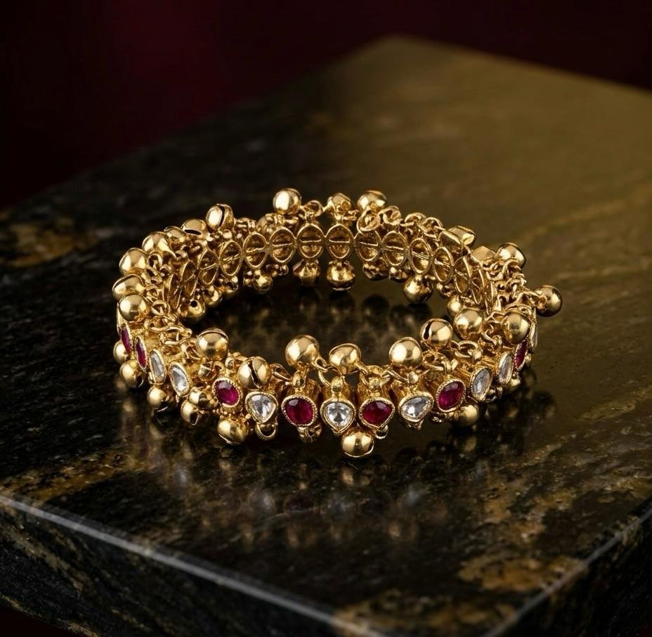 Anti-Tarnish Gold Polish Ruby & White Stone Ghungroo Bracelet