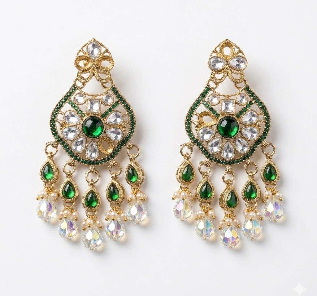 Anti Tarnish Gold Polish Emerald Green and Kundan Earrings – Elegant Traditional Jewellery