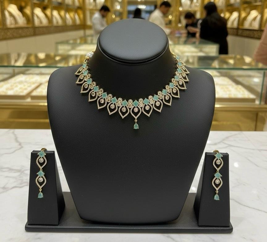 AD American Diamonds Emerald Color Gold Polish Neck Jewellery Set