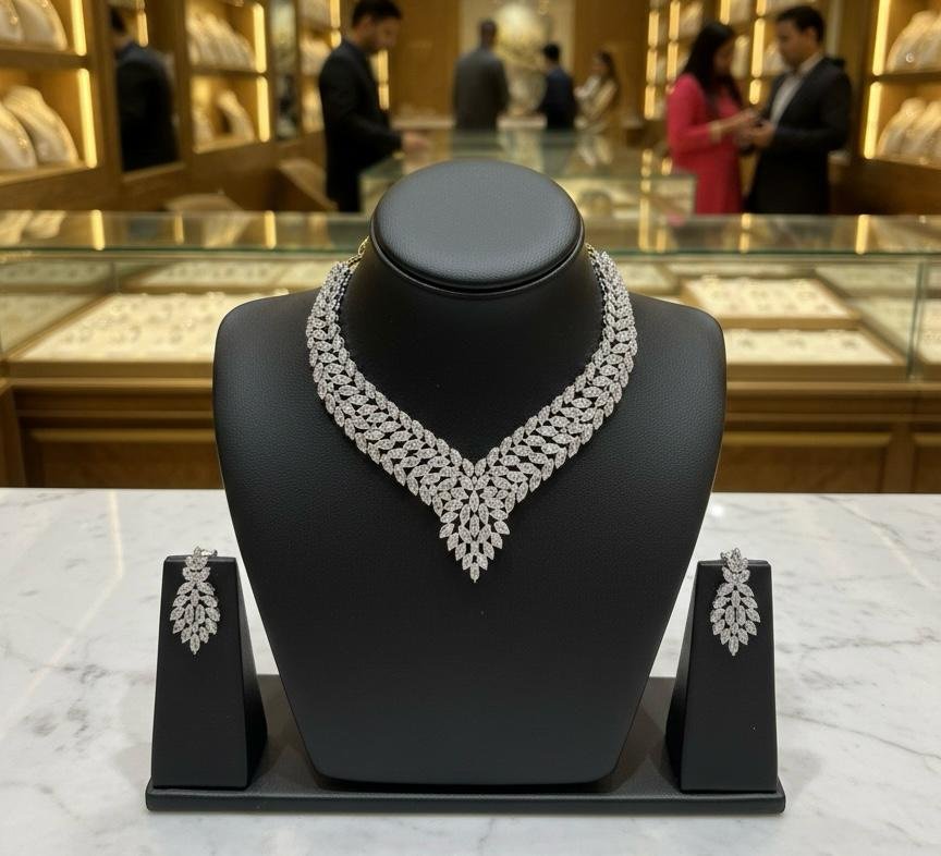 AD American Diamonds V-Shape Silver Polish Neck Jewellery Set