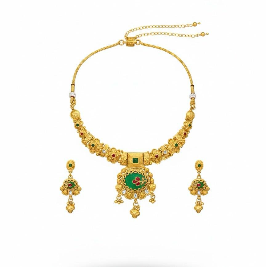 Temple Long Necklace Set Mint Color Golden Polish