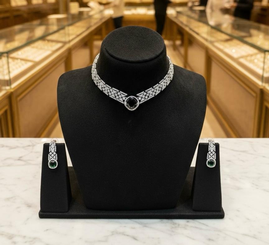 AD American Diamonds Green Stone Silver Polish Neck Jewellery Set