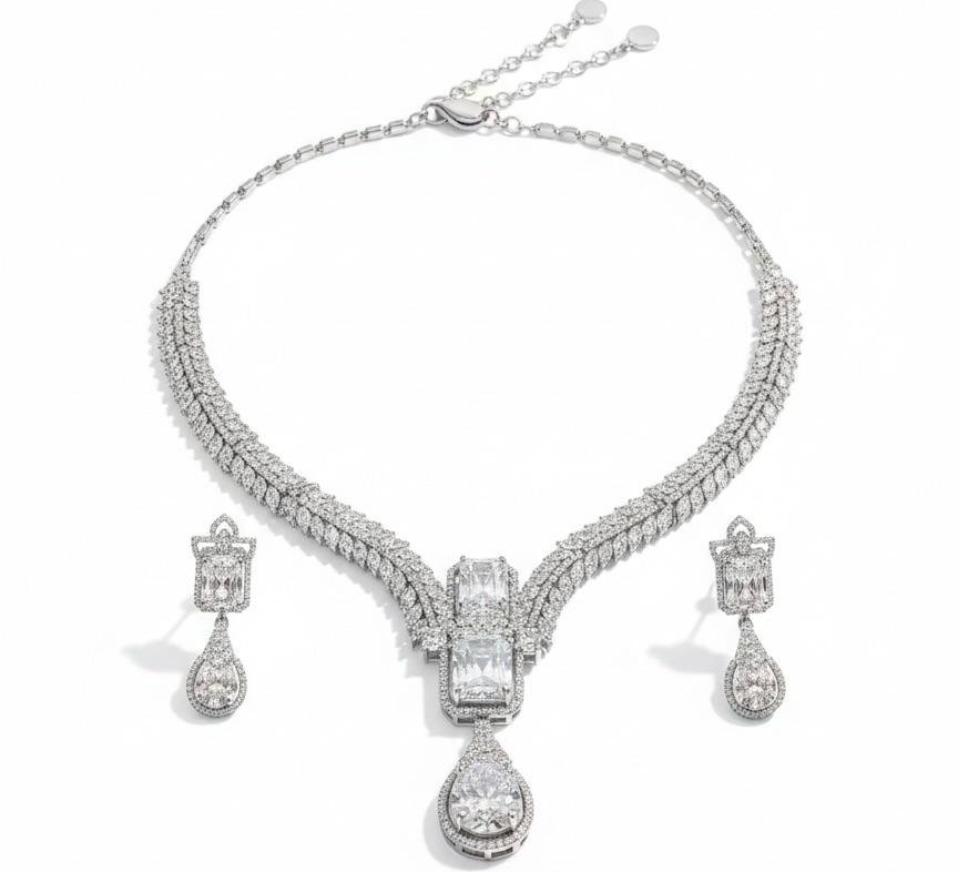 AD American Diamonds v- shape Silver Polish Neck Jewellery Set