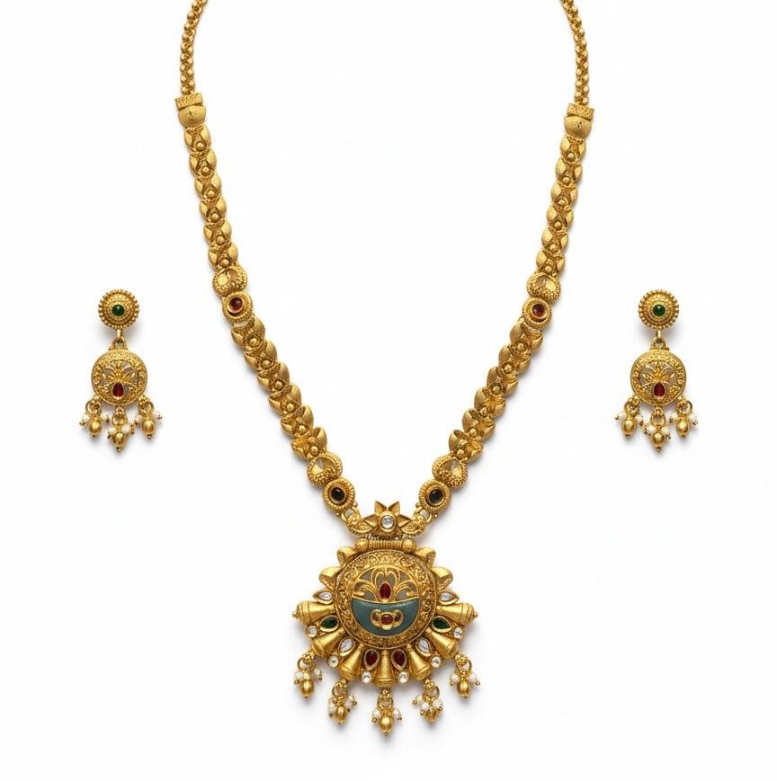 Temple Style Mint Color Long Necklace Set with Gold Polish
