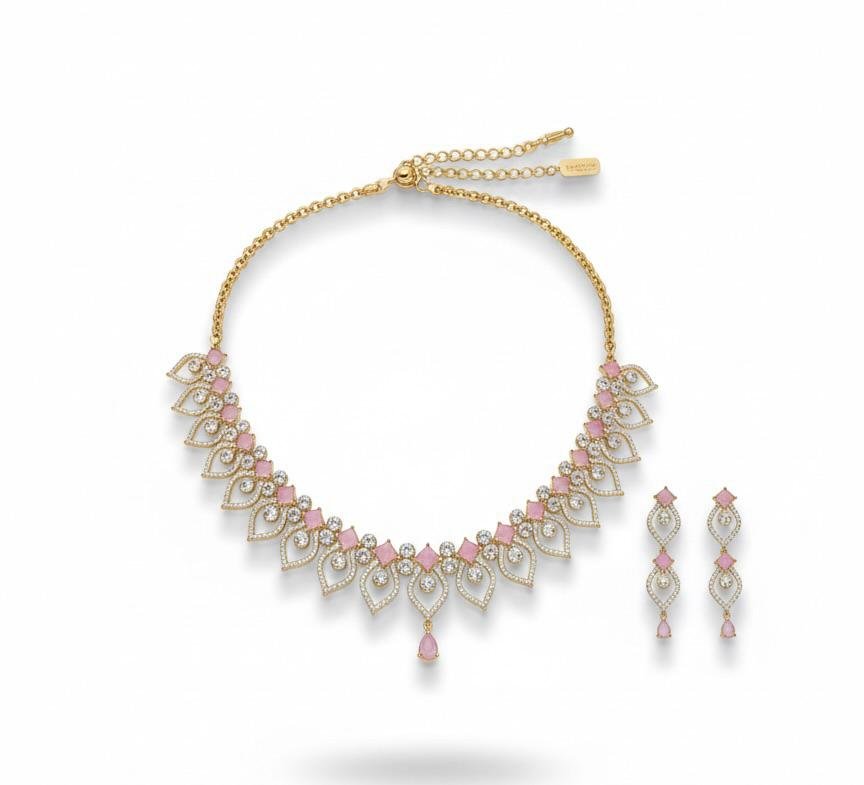 AD American Diamonds Pink Color Gold Polish Neck Jewellery Set
